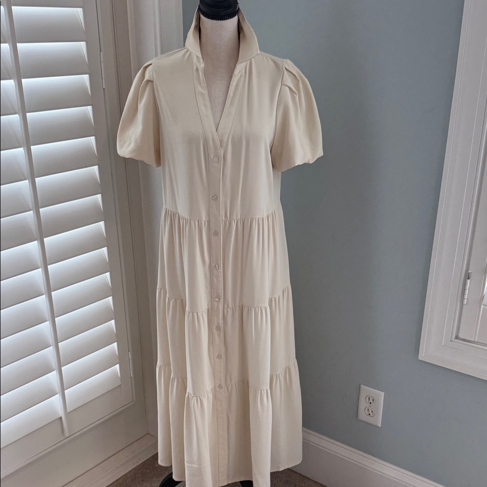 Chic Cream Tiered Midi Dress. Perfect for Easter!